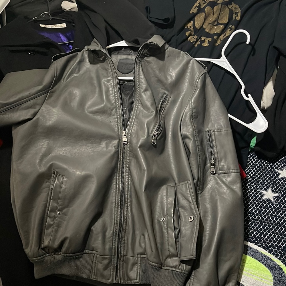 Mens L faux leather jacket with hood